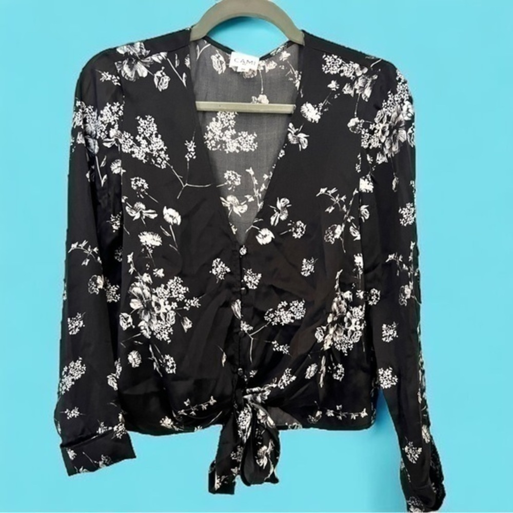 CAMI NYC XS Lila Black Silk Tie-Front Blouse